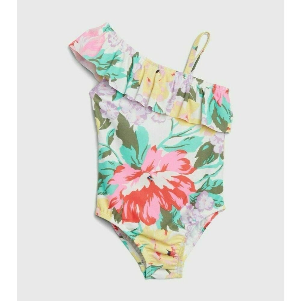 Toddler Girls Baby Gap Floral Asymmetrical Ruffle One Piece Swim Suit - Sz 3T